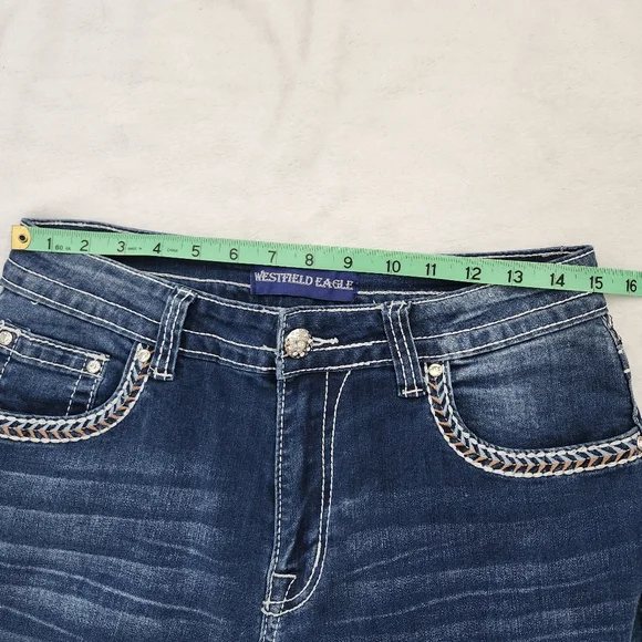 WESTFIELD EAGLE Womens Mid Rise Boot Cut Jeans Western Embroidered Rhinestone 13 - Picture 11 of 14
